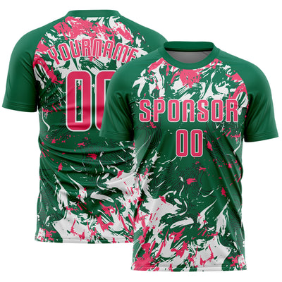 Custom Kelly Green Neon Pink-White Fluid Art Splash Sublimation Soccer Uniform Jersey