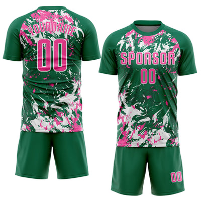Custom Kelly Green Pink-White Fluid Art Splash Sublimation Soccer Uniform Jersey