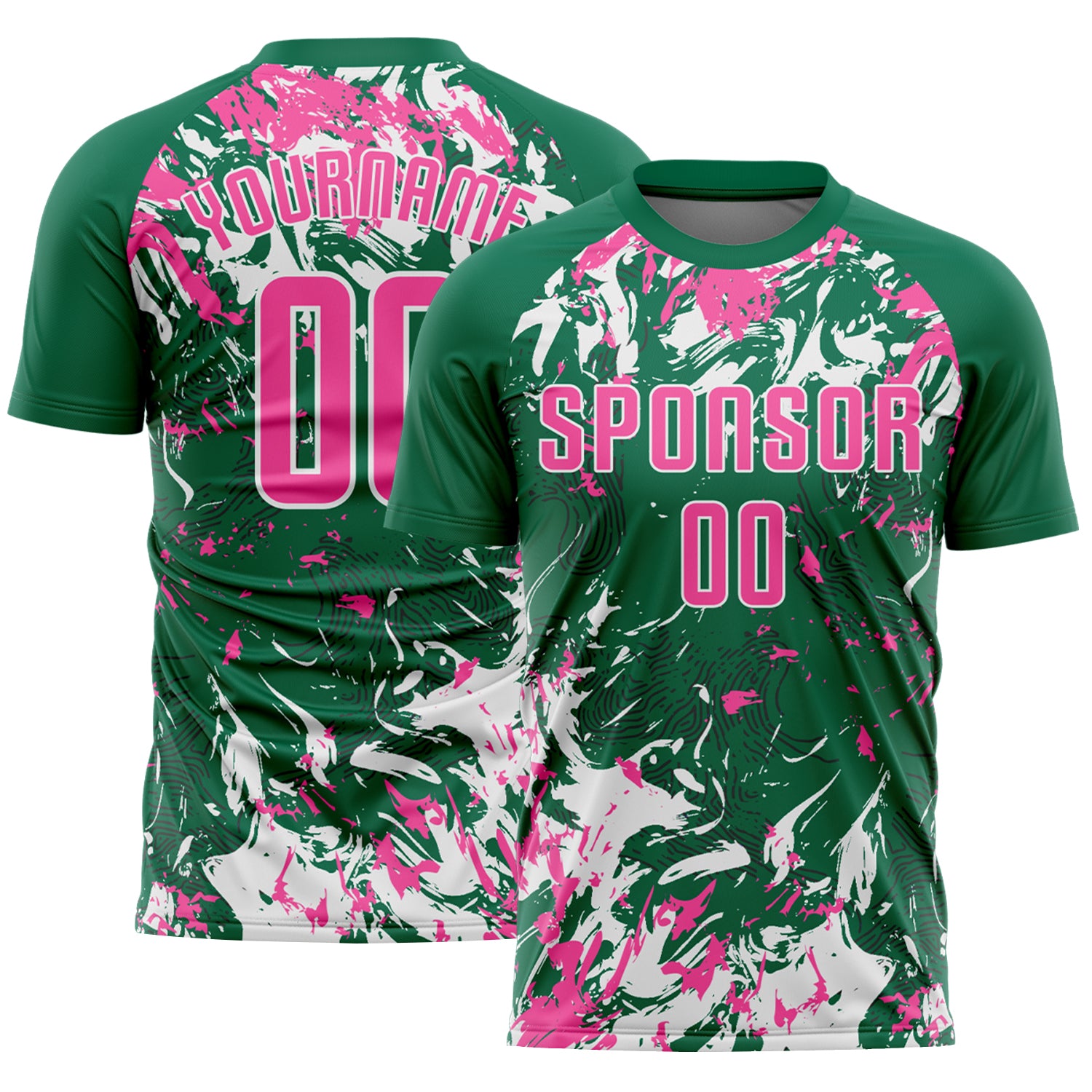 Custom Kelly Green Pink-White Fluid Art Splash Sublimation Soccer Uniform Jersey
