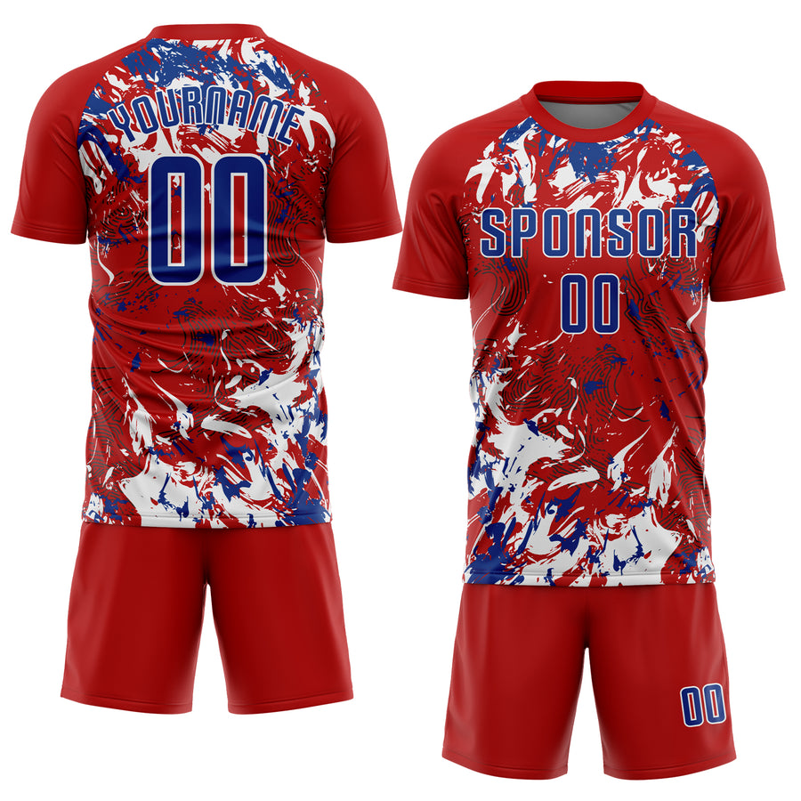 Custom Red Royal-White Fluid Art Splash Sublimation Soccer Uniform Jersey