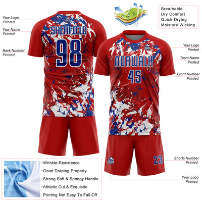 Custom Red Royal-White Fluid Art Splash Sublimation Soccer Uniform Jersey