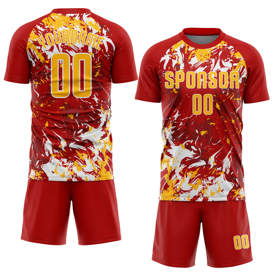 Custom Red Gold-White Fluid Art Splash Sublimation Soccer Uniform Jersey