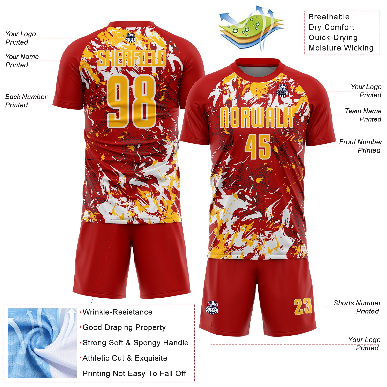 Custom Red Gold-White Fluid Art Splash Sublimation Soccer Uniform Jersey