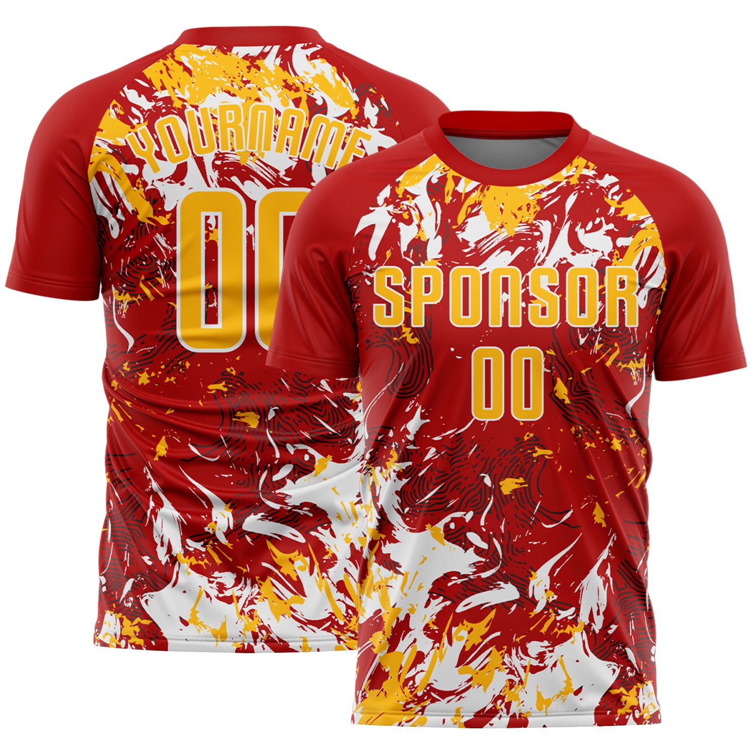 Custom Red Gold-White Fluid Art Splash Sublimation Soccer Uniform Jersey