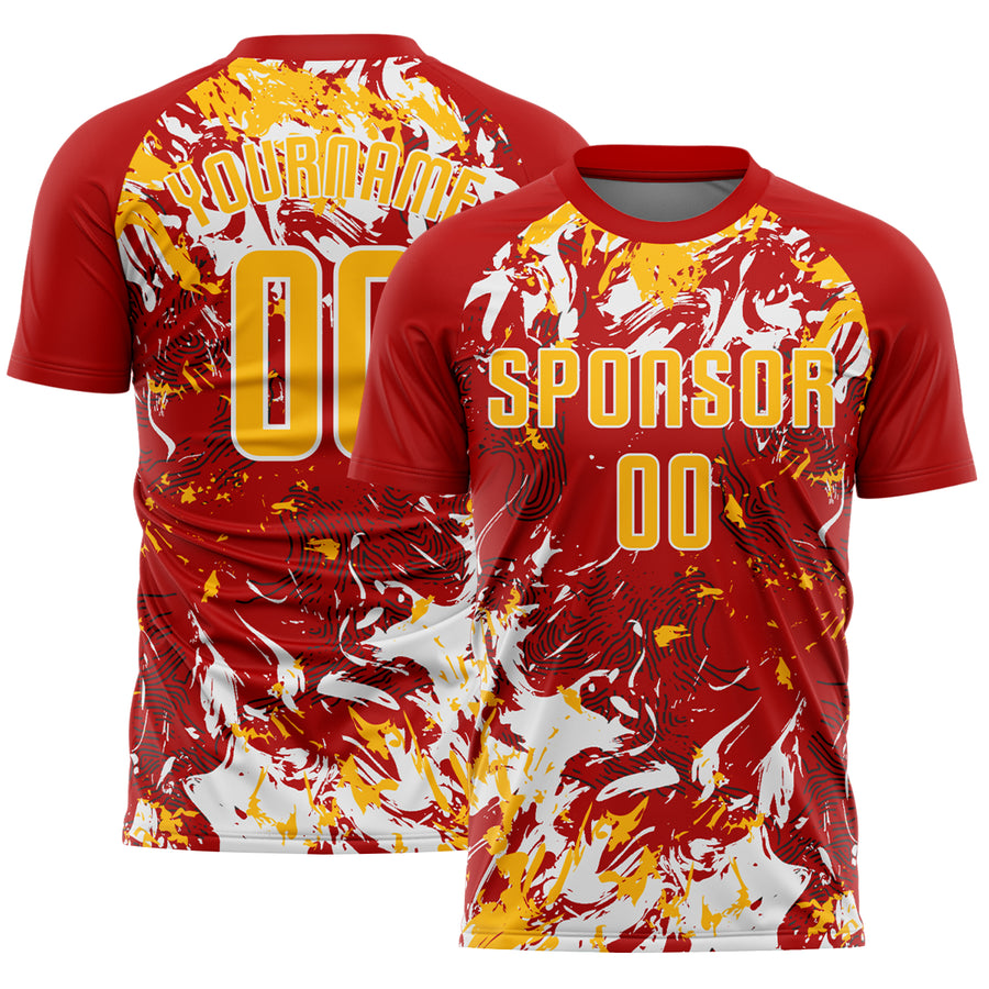 Custom Red Gold-White Fluid Art Splash Sublimation Soccer Uniform Jersey