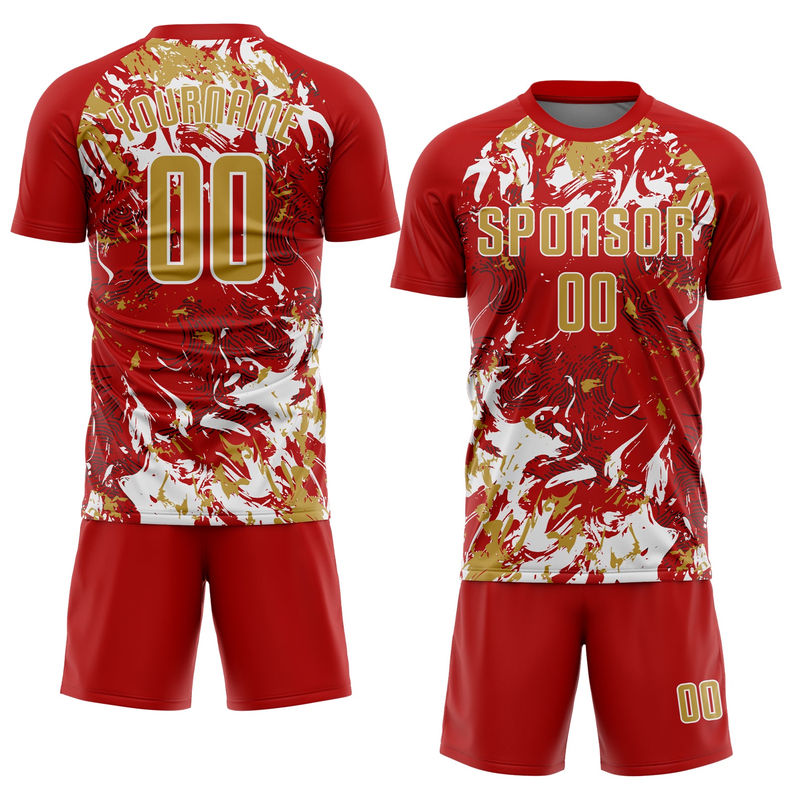 Custom Red Old Gold-White Fluid Art Splash Sublimation Soccer Uniform Jersey
