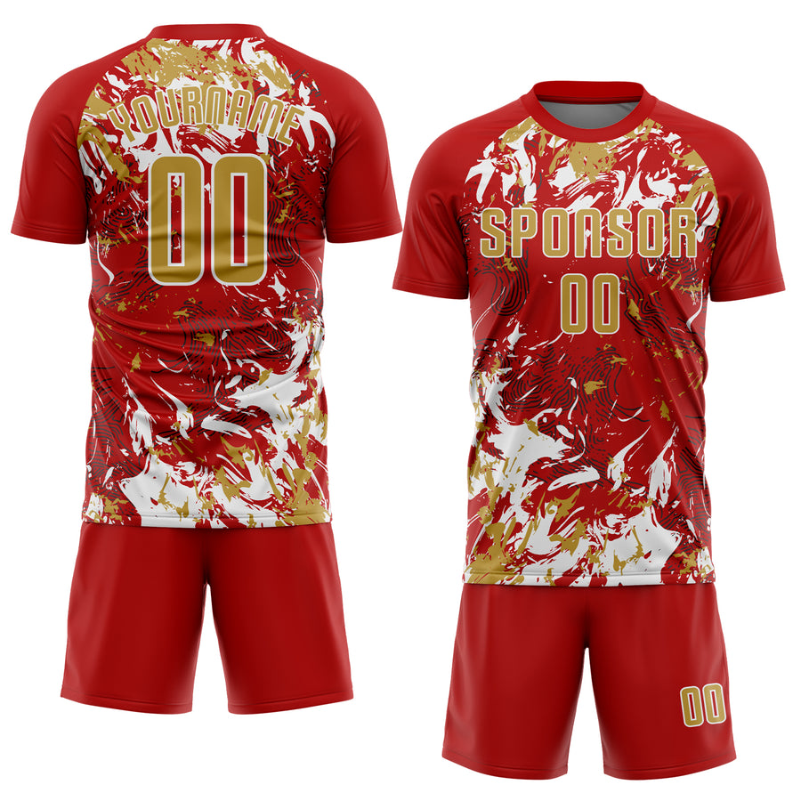 Custom Red Old Gold-White Fluid Art Splash Sublimation Soccer Uniform Jersey