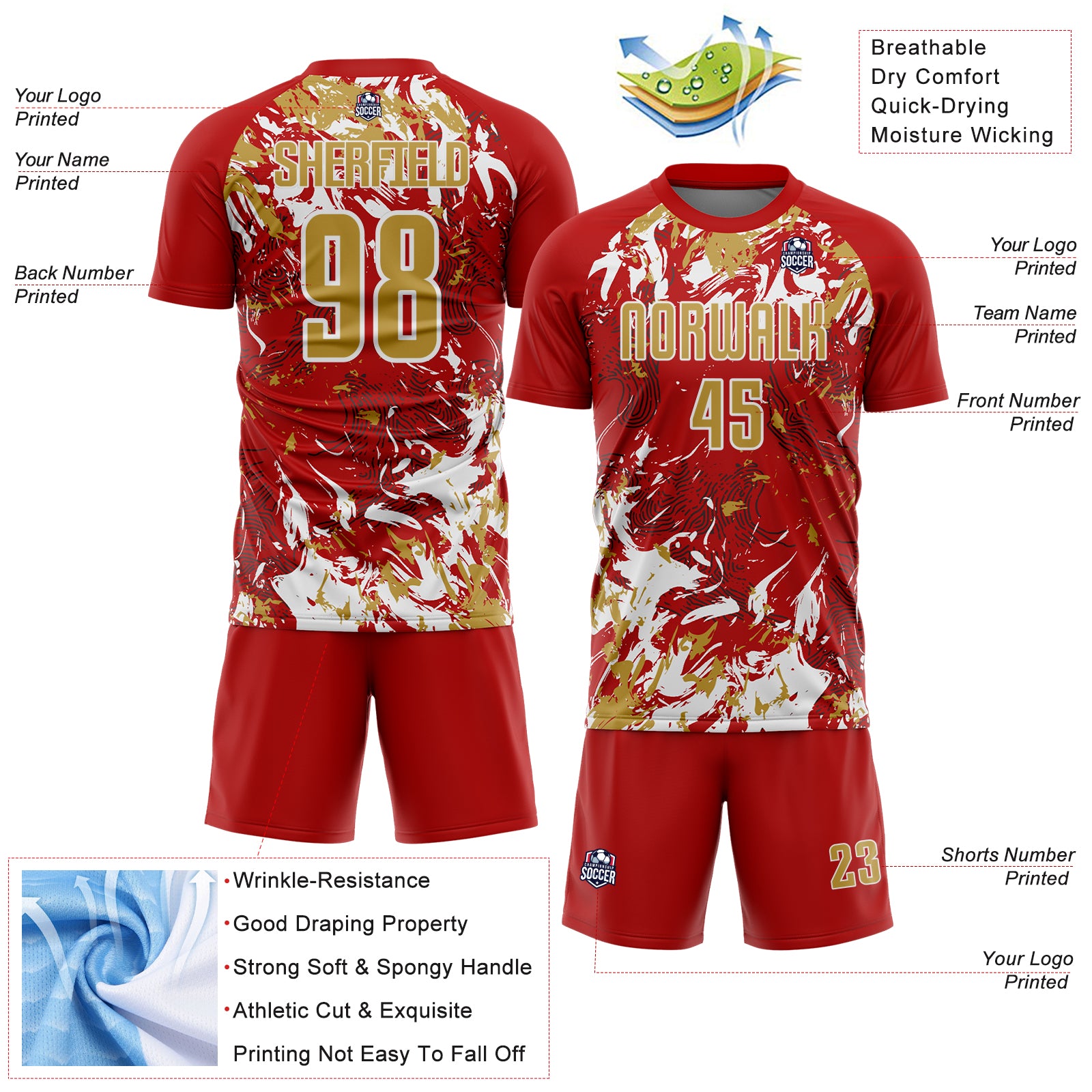 Custom Red Old Gold-White Fluid Art Splash Sublimation Soccer Uniform Jersey