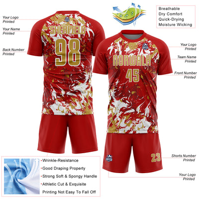 Custom Red Old Gold-White Fluid Art Splash Sublimation Soccer Uniform Jersey
