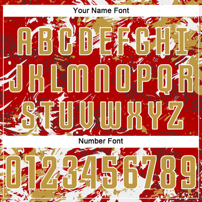 Custom Red Old Gold-White Fluid Art Splash Sublimation Soccer Uniform Jersey