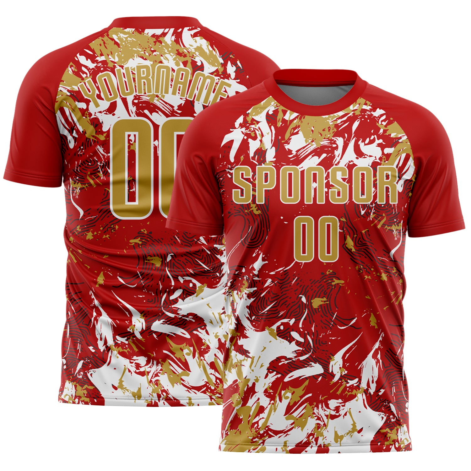 Custom Red Old Gold-White Fluid Art Splash Sublimation Soccer Uniform Jersey