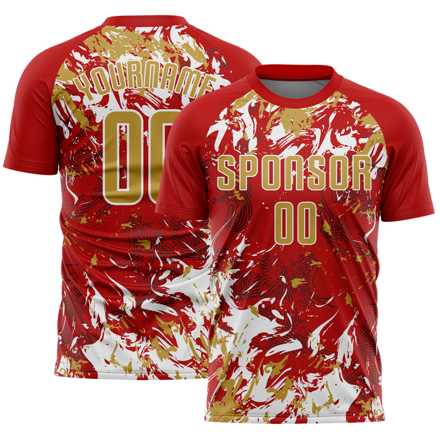 Custom Red Old Gold-White Fluid Art Splash Sublimation Soccer Uniform Jersey
