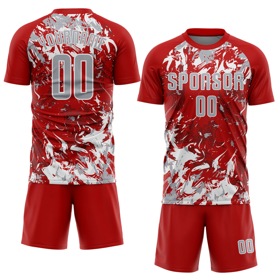 Custom Red Gray-White Fluid Art Splash Sublimation Soccer Uniform Jersey