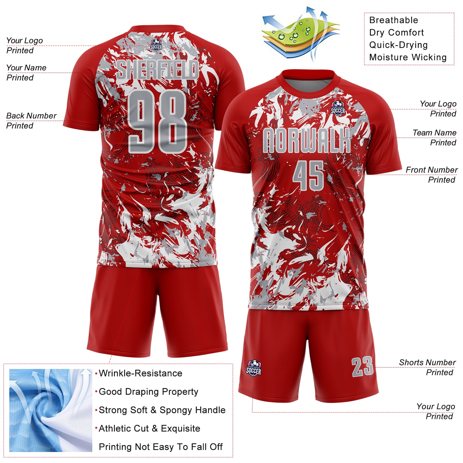 Custom Red Gray-White Fluid Art Splash Sublimation Soccer Uniform Jersey