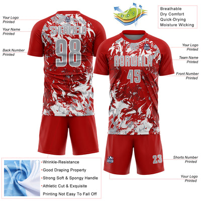 Custom Red Gray-White Fluid Art Splash Sublimation Soccer Uniform Jersey