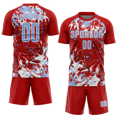 Custom Red Light Blue-White Fluid Art Splash Sublimation Soccer Uniform Jersey