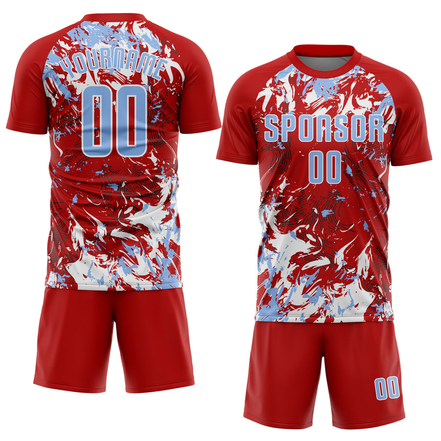 Custom Red Light Blue-White Fluid Art Splash Sublimation Soccer Uniform Jersey