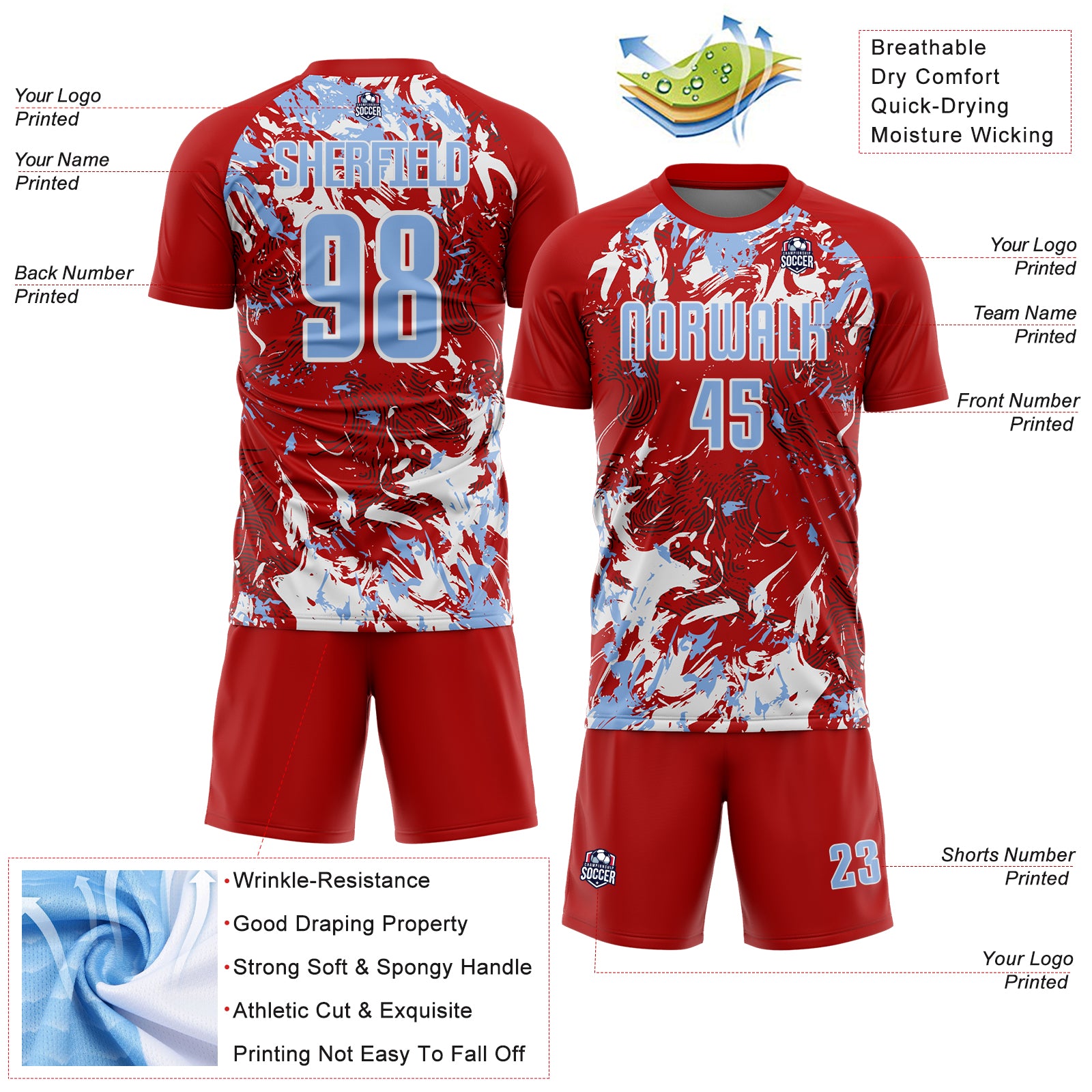 Custom Red Light Blue-White Fluid Art Splash Sublimation Soccer Uniform Jersey