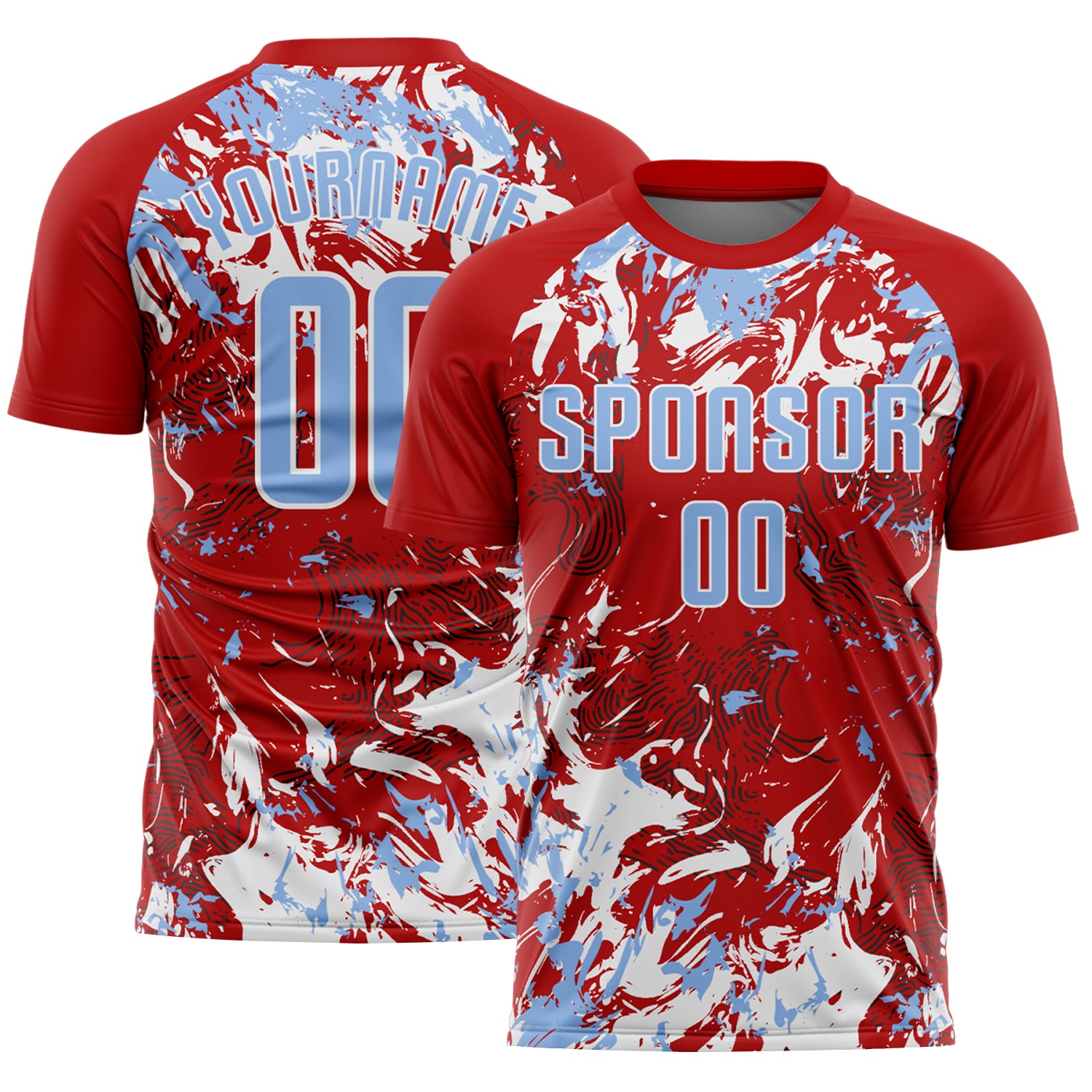 Custom Red Light Blue-White Fluid Art Splash Sublimation Soccer Uniform Jersey