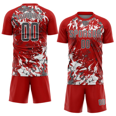 Custom Red Steel Gray-White Fluid Art Splash Sublimation Soccer Uniform Jersey