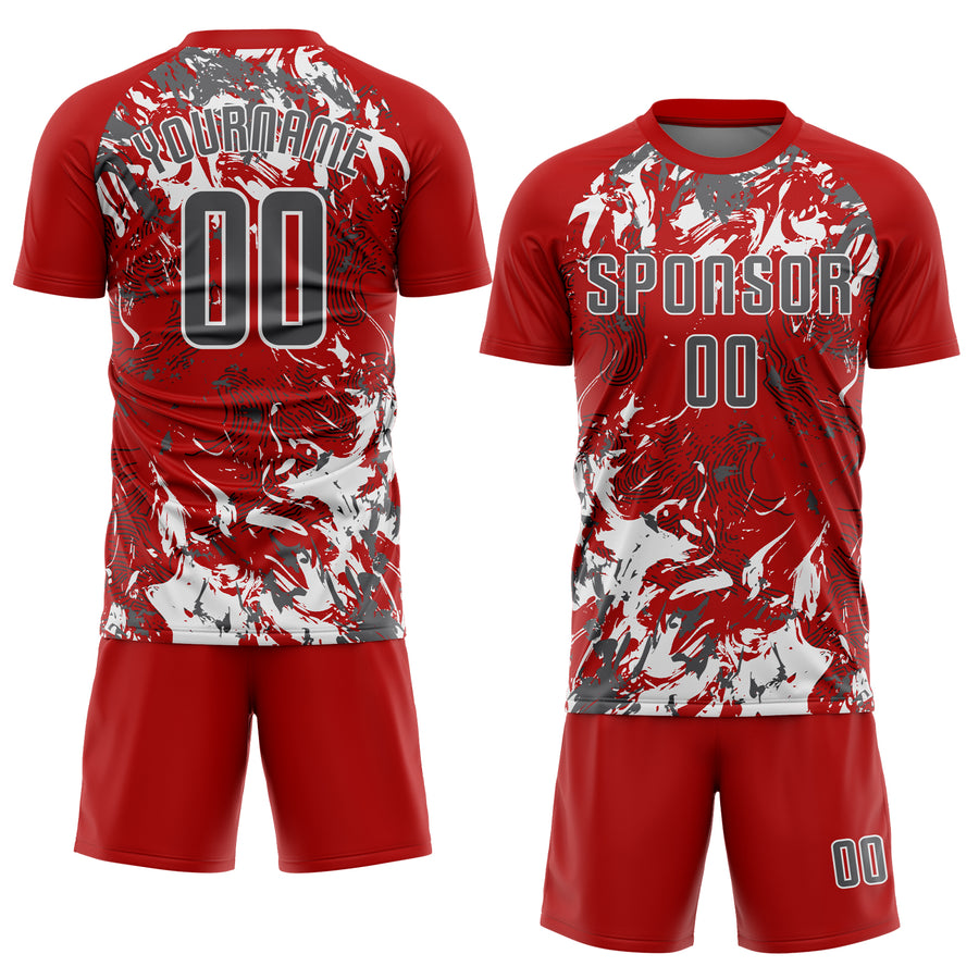 Custom Red Steel Gray-White Fluid Art Splash Sublimation Soccer Uniform Jersey