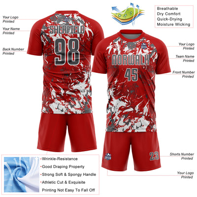 Custom Red Steel Gray-White Fluid Art Splash Sublimation Soccer Uniform Jersey
