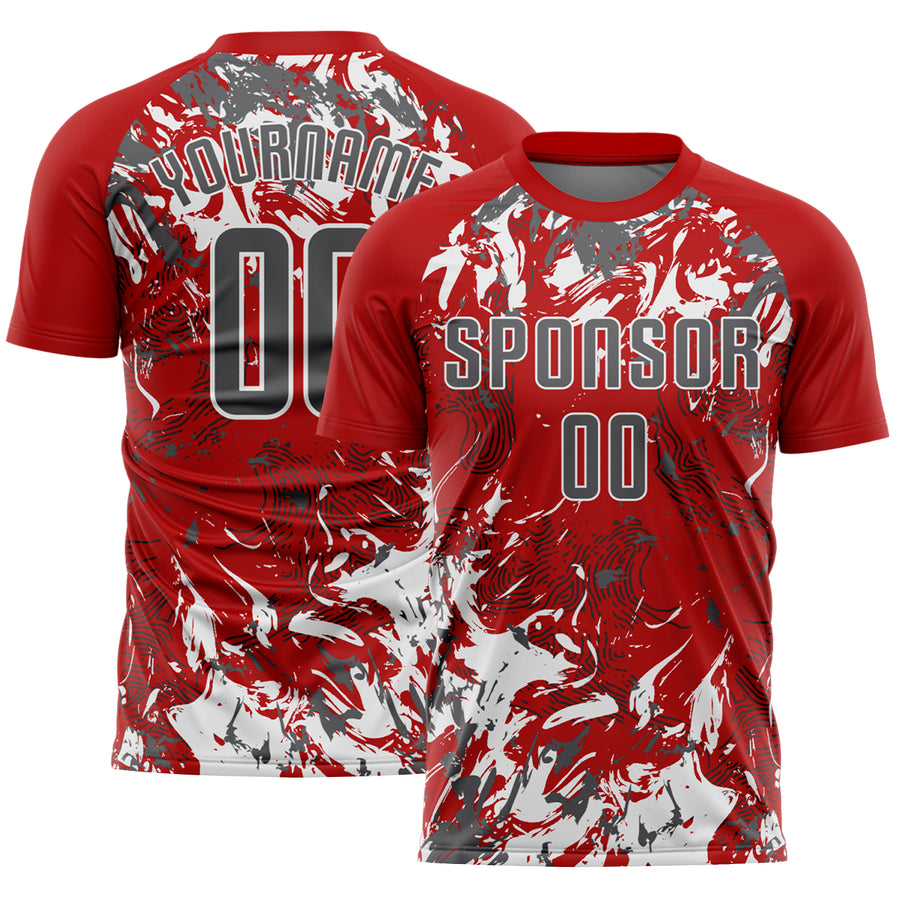 Custom Red Steel Gray-White Fluid Art Splash Sublimation Soccer Uniform Jersey