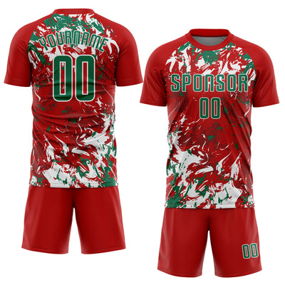 Custom Red Kelly Green-White Fluid Art Splash Sublimation Soccer Uniform Jersey