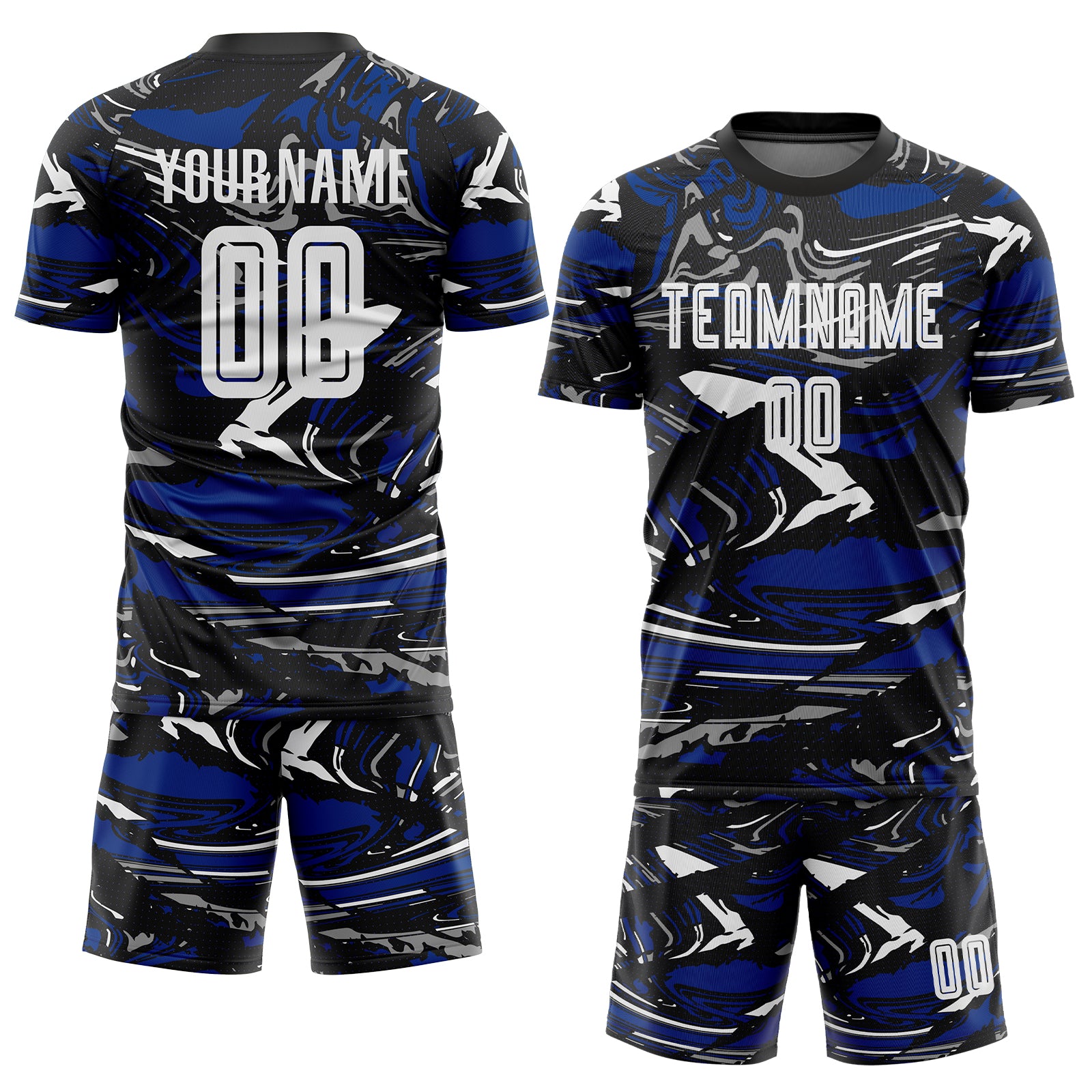Custom Figure White Black-Royal Fluid Art Splash Sublimation Soccer Uniform Jersey