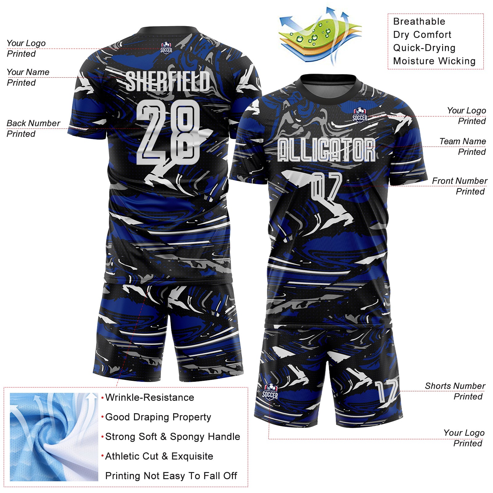 Custom Figure White Black-Royal Fluid Art Splash Sublimation Soccer Uniform Jersey