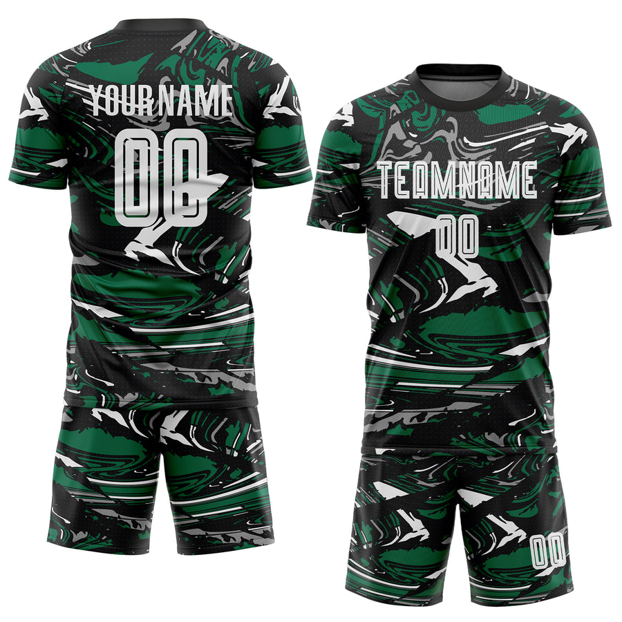 Custom Figure White Black-Kelly Green Fluid Art Splash Sublimation Soccer Uniform Jersey