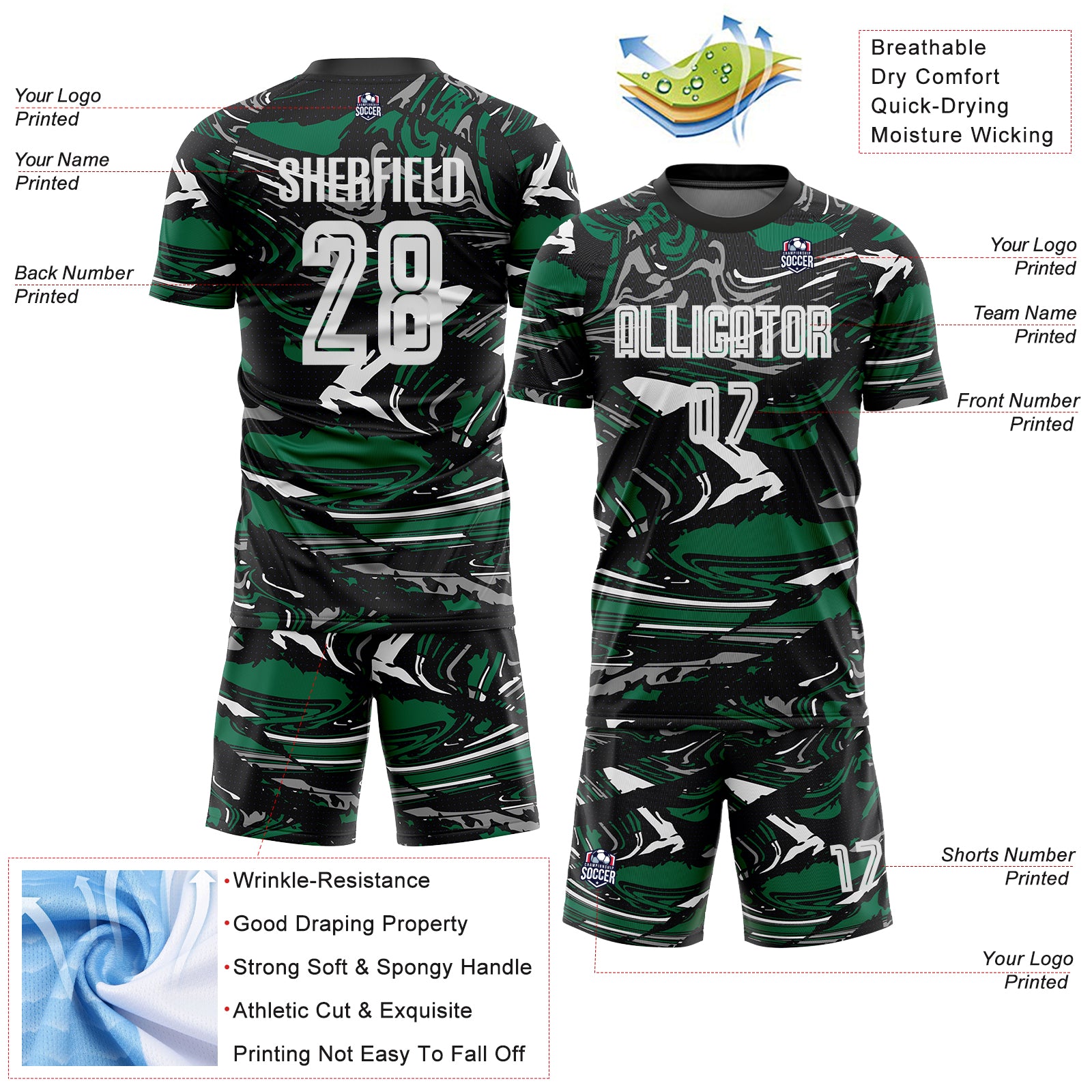 Custom Figure White Black-Kelly Green Fluid Art Splash Sublimation Soccer Uniform Jersey