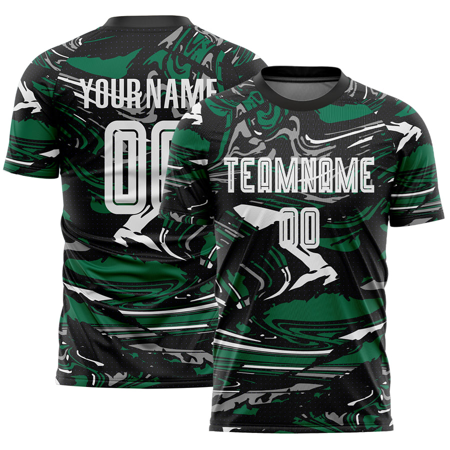 Custom Figure White Black-Kelly Green Fluid Art Splash Sublimation Soccer Uniform Jersey