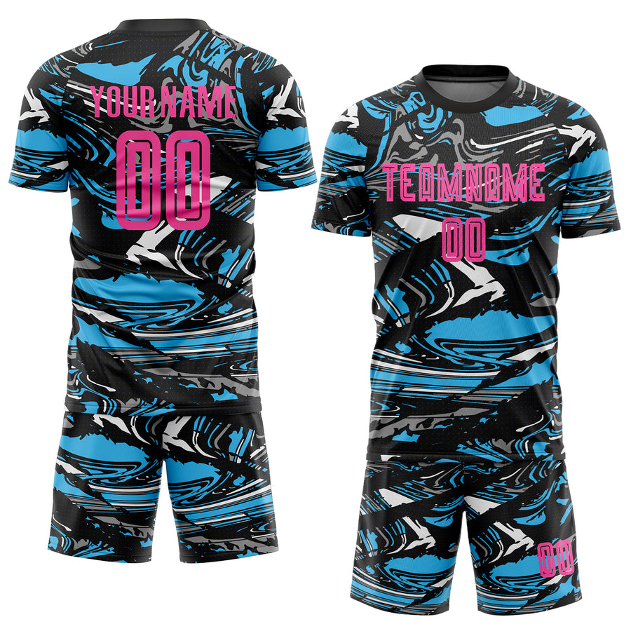 Custom Figure Pink Black-Sky Blue Fluid Art Splash Sublimation Soccer Uniform Jersey