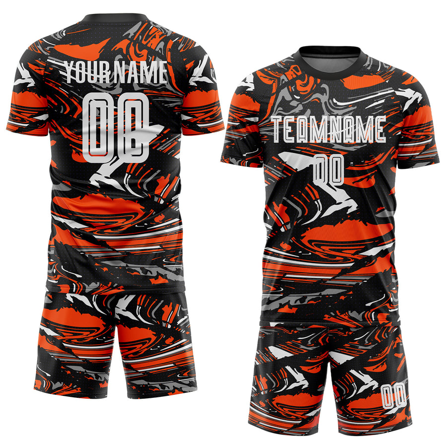 Custom Figure White Black-Orange Fluid Art Splash Sublimation Soccer Uniform Jersey