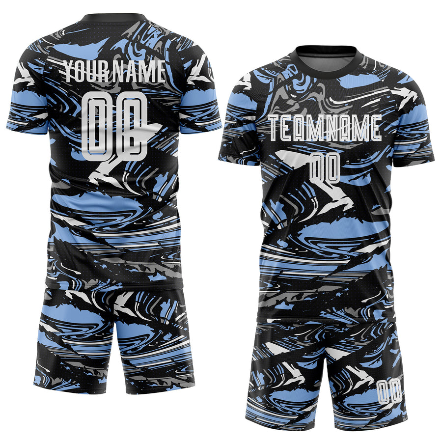 Custom Figure White Black-Light Blue Fluid Art Splash Sublimation Soccer Uniform Jersey