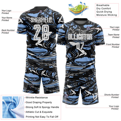 Custom Figure White Black-Light Blue Fluid Art Splash Sublimation Soccer Uniform Jersey