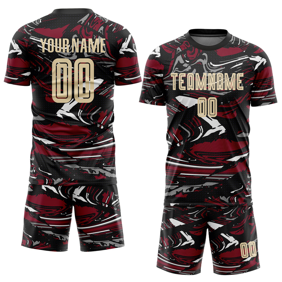 Custom Figure Cream Black-Crimson Fluid Art Splash Sublimation Soccer Uniform Jersey