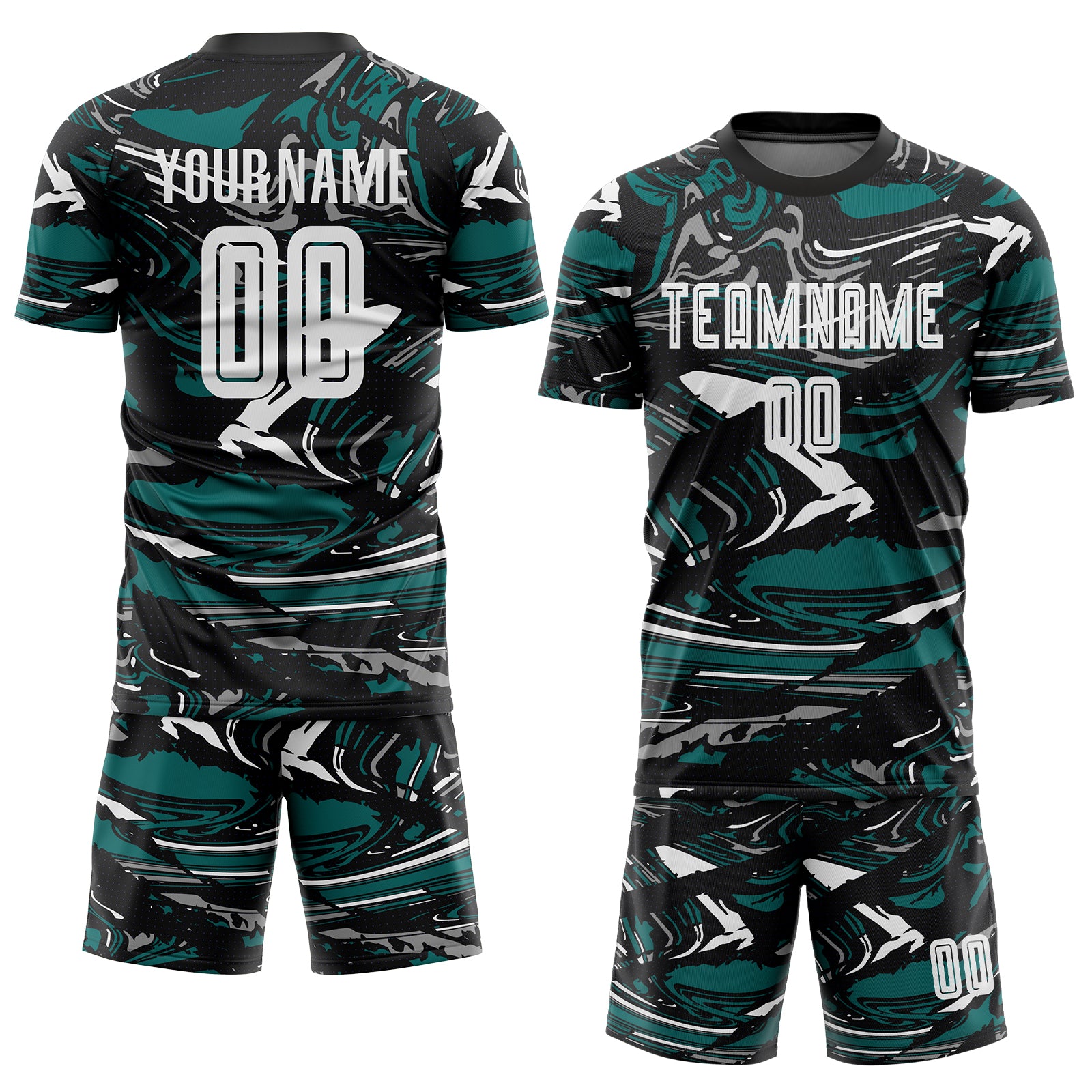Custom Figure White Black-Teal Fluid Art Splash Sublimation Soccer Uniform Jersey