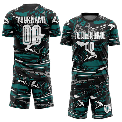 Custom Figure White Black-Teal Fluid Art Splash Sublimation Soccer Uniform Jersey