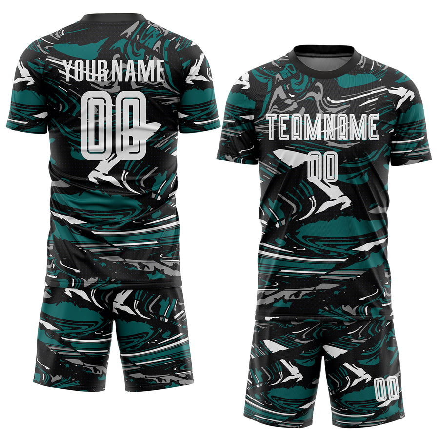 Custom Figure White Black-Teal Fluid Art Splash Sublimation Soccer Uniform Jersey