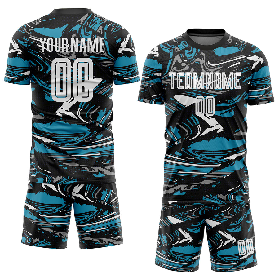Custom Figure White Black-Panther Blue Fluid Art Splash Sublimation Soccer Uniform Jersey