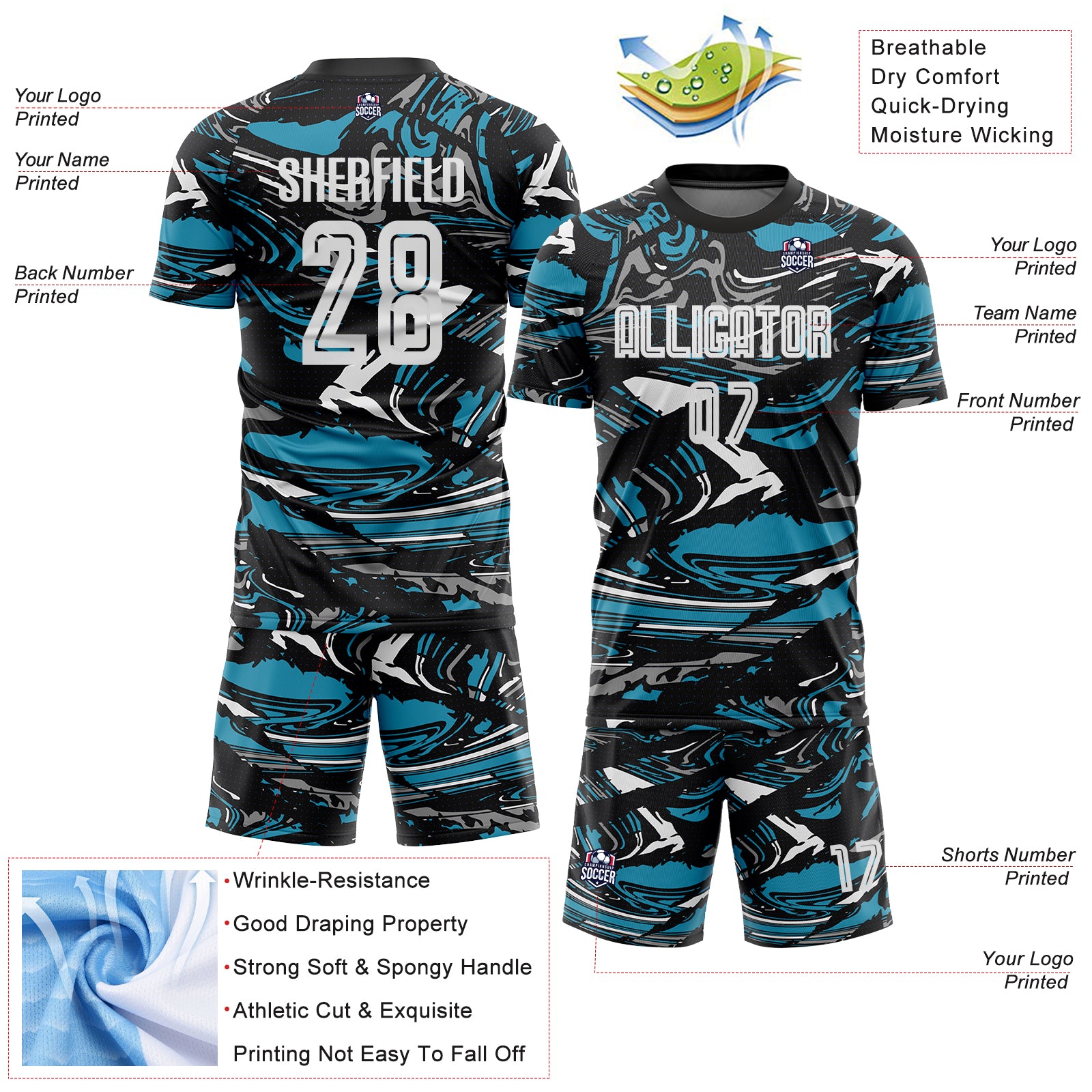 Custom Figure White Black-Panther Blue Fluid Art Splash Sublimation Soccer Uniform Jersey