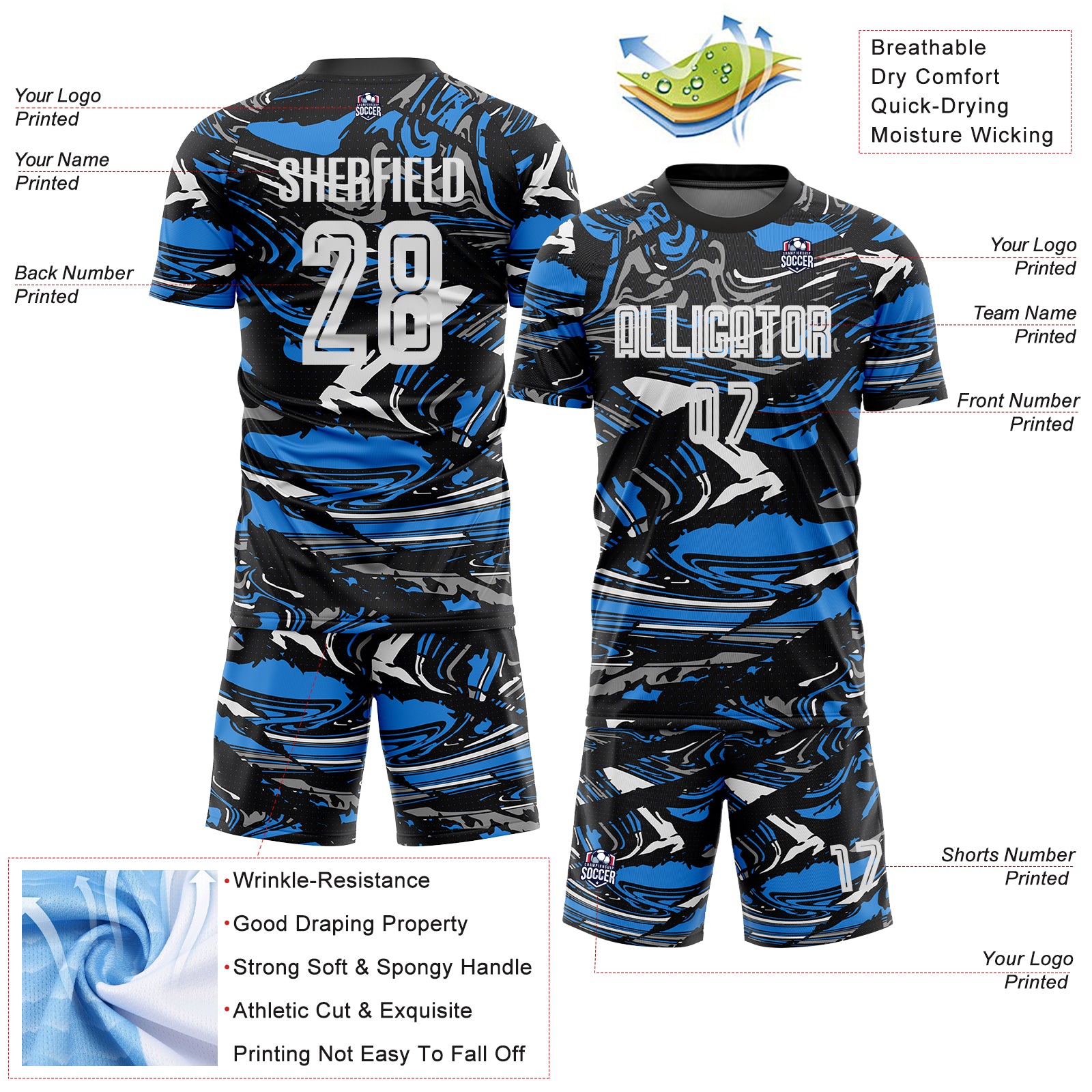 Custom Figure White Black-Powder Blue Fluid Art Splash Sublimation Soccer Uniform Jersey