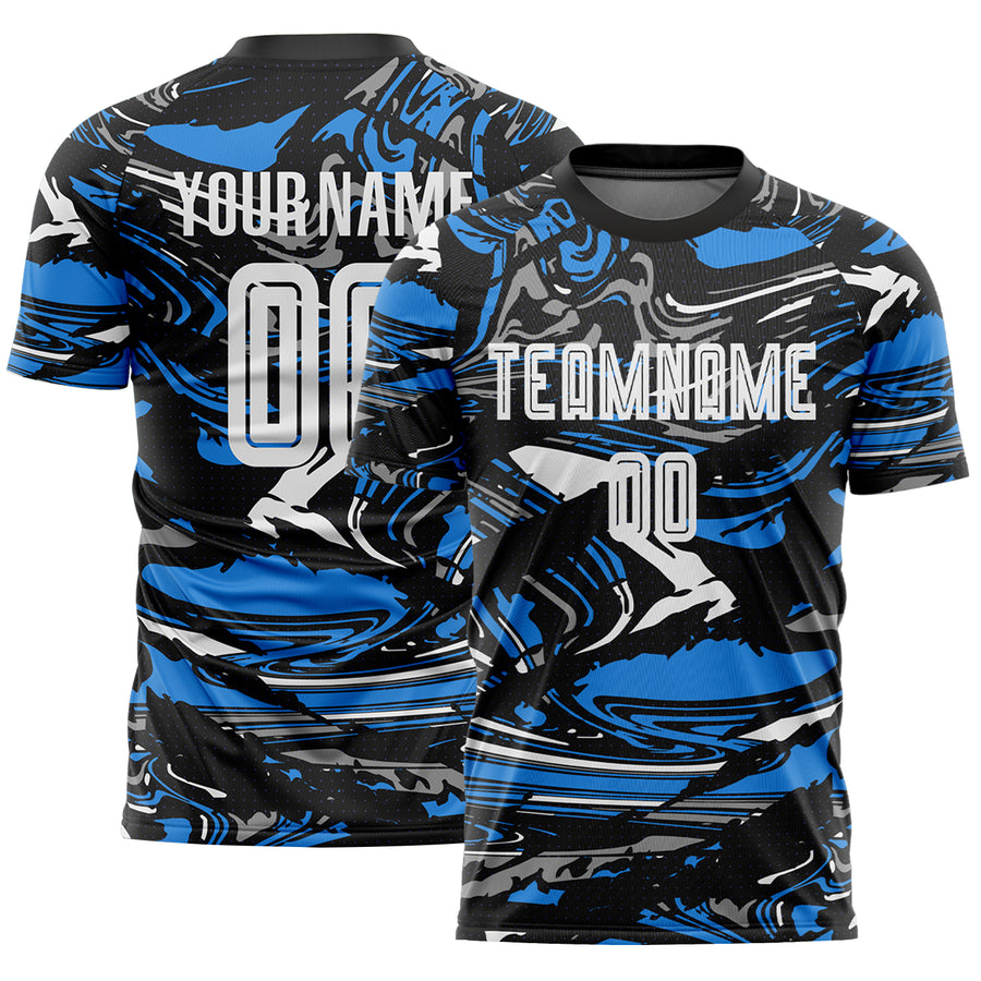 Custom Figure White Black-Powder Blue Fluid Art Splash Sublimation Soccer Uniform Jersey