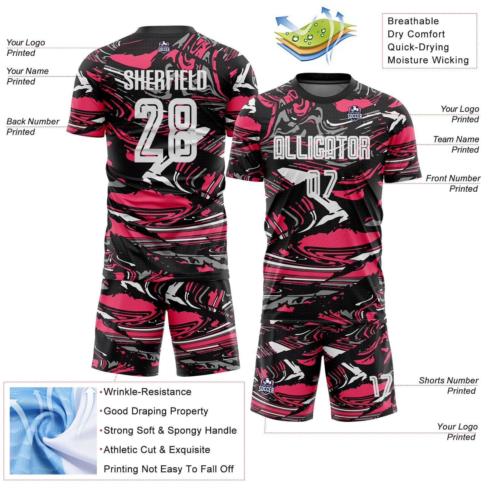 Custom Figure White Black-Neon Pink Fluid Art Splash Sublimation Soccer Uniform Jersey