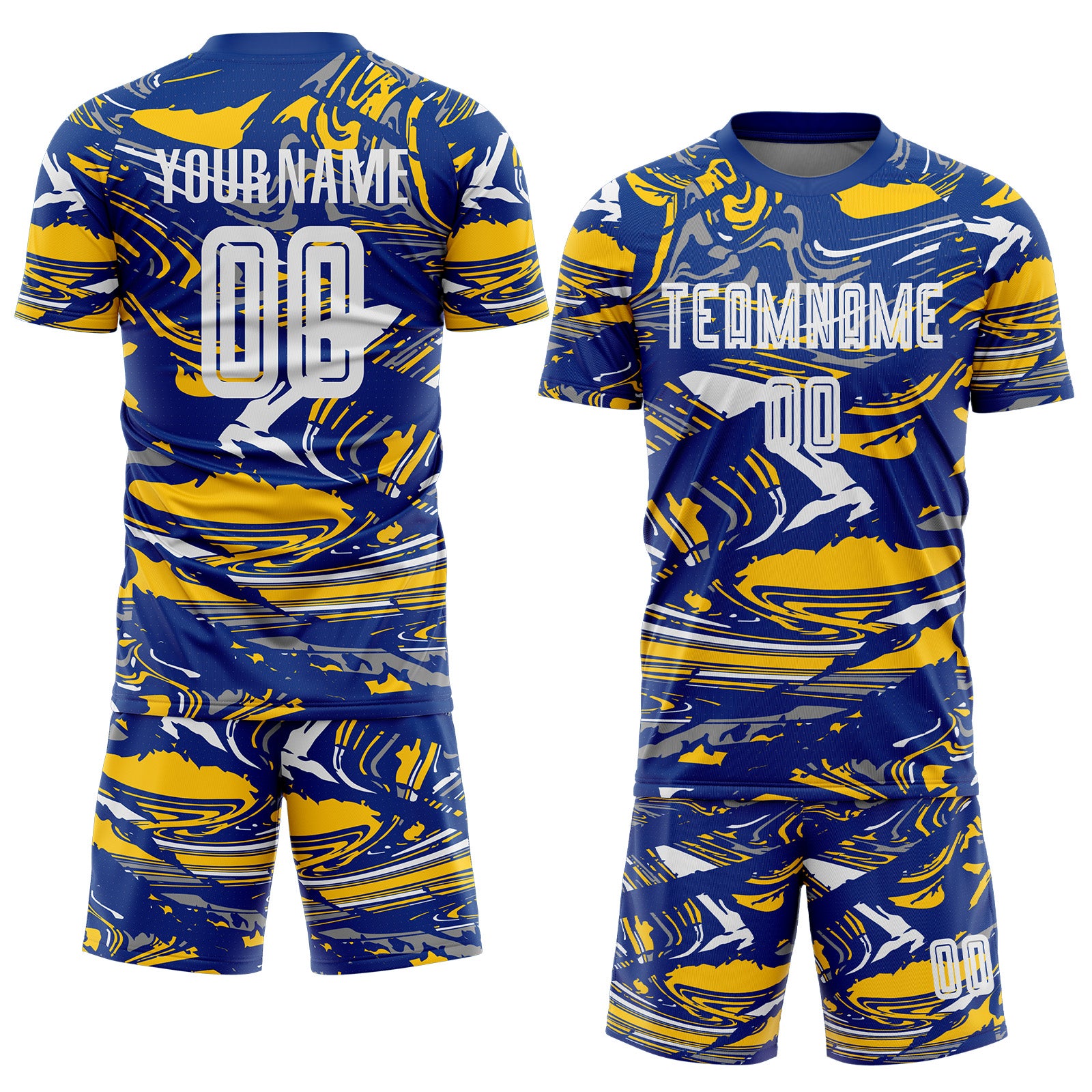Custom Figure White Royal-Yellow Fluid Art Splash Sublimation Soccer Uniform Jersey