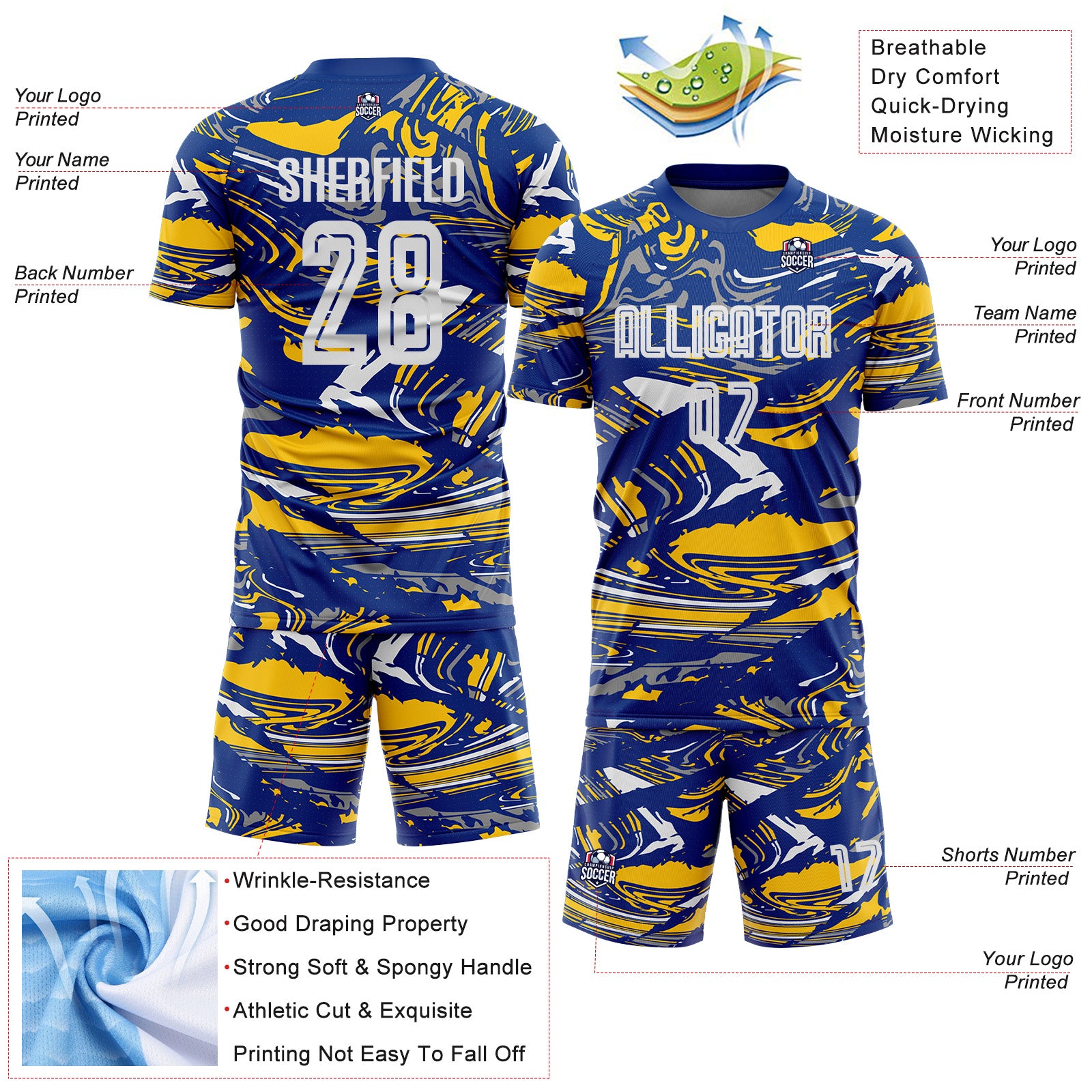 Custom Figure White Royal-Yellow Fluid Art Splash Sublimation Soccer Uniform Jersey