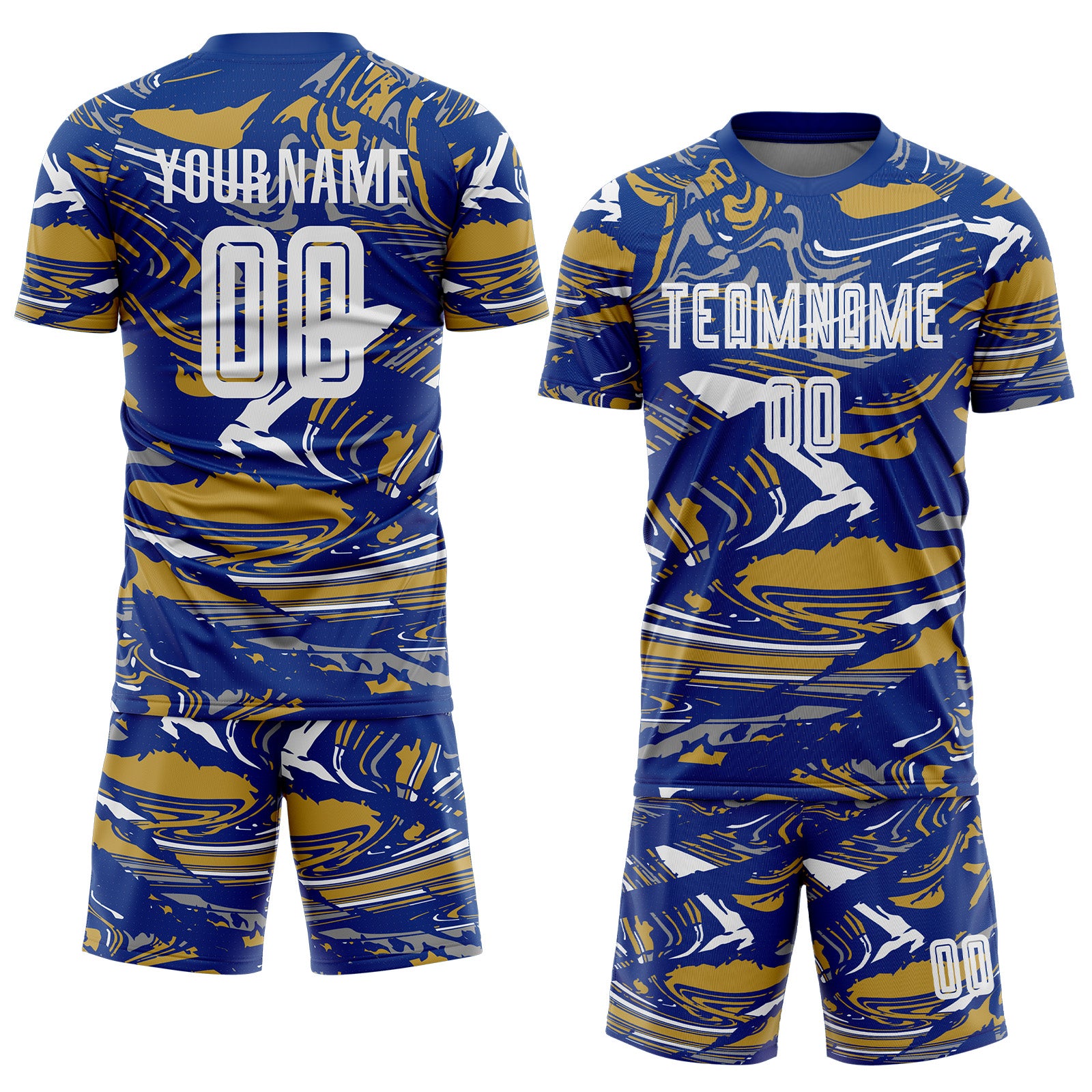 Custom Figure White Royal-Old Gold Fluid Art Splash Sublimation Soccer Uniform Jersey