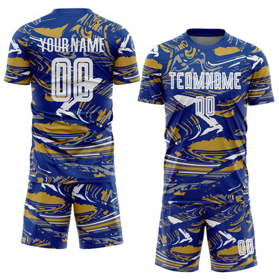 Custom Figure White Royal-Old Gold Fluid Art Splash Sublimation Soccer Uniform Jersey